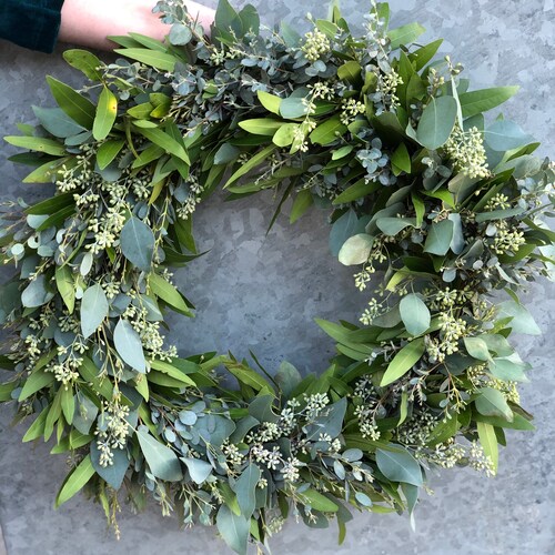 Fresh Eucalyptus Seeded Pepper Berry Wax Flower Wreath Front Etsy