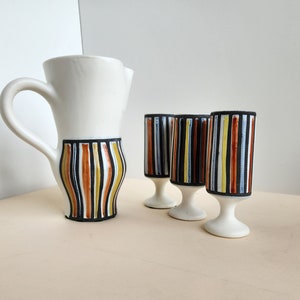 Roger Capron - Vintage Decorative Ceramic Pitcher and 3 Goblets with Pyjama Motif