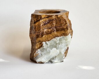 Mexican Brown and White Onyx Marble Rock Candle Holder