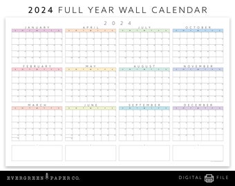 Grande affiche de calendrier mural 2024 IMPRIMABLE | Agenda annuel et mensuel | Calendrier d'une page moderne et minimaliste | Multicolore pastel