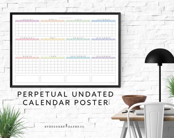 Perpetual Any Year Undated Wall Calendar Poster | Yearly and Monthly Planner | Modern and Minimalist One Page Calendar