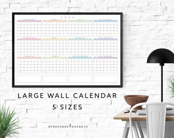 Grande affiche de calendrier mural 2024 | Planificateur annuel et mensuel | Calendrier d'une page moderne et minimaliste | Pastel Multi