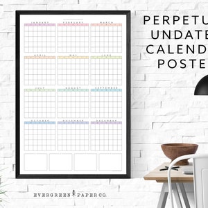 Perpetual Any Year Undated Wall Calendar Poster | Yearly and Monthly Planner | Modern and Minimalist One Page Calendar | Pastel Multi