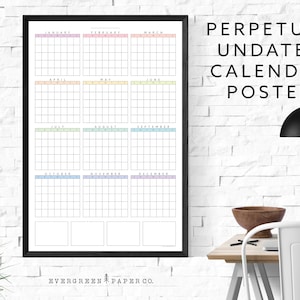 UNDATED Perpetual Any Year Wall Calendar Poster | Yearly and Monthly Planner | Modern and Minimalist One Page Calendar | Pastel Multi