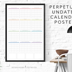 Perpetual Any Year Undated Wall Calendar Poster | Yearly and Monthly Planner | Modern and Minimalist One Page Calendar | Pastel Multi