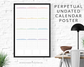 Perpetual Any Year Undated Wall Calendar Poster | Yearly and Monthly Planner | Modern and Minimalist One Page Calendar | Pastel Multi