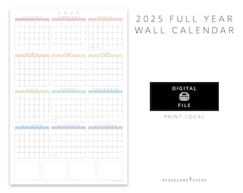 PRINTABLE 2025 Wall Calendar Poster | Yearly and Monthly Planner | Modern Minimalist One Page Calendar | Horizontal and Vertical Options