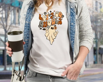 Camiseta de Halloween de moda, camiseta Let's Go Ghouls, camiseta hippie fantasma, camiseta tonta fantasma, regalos de Halloween para mujeres, camiseta de otoño