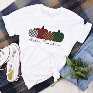 Plaid Pumpkin Shirt,  &quot;Hello Pumpkin&quot; Crewneck Shirt, Fall Vibes Tee, Thanksgiving Crewneck, Fall Plaid Pumpkin T-Shirt, Holiday Gift Ideas