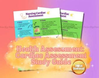 May include: A printable study guide for a cardiac assessment. The guide is divided into sections with headings like "Intro", "Vitals", "History", and "Skin". The guide also includes a reminder to wash hands.