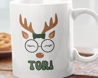 Gepersonaliseerde kerstrendiermok, gepersonaliseerde kerstmok, aangepaste kerstmok, koffiekopje schattig rendier, mok kerstrendier