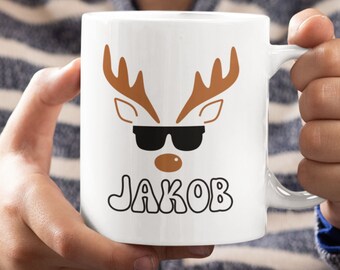 Gepersonaliseerde kerstrendiermok, gepersonaliseerde kerstmok, aangepaste kerstmok, koffiekopje schattig rendier, mok kerstrendier