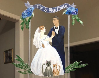 Adornos personalizados para tartas de boda para parejas + mascotas + decoración para tartas del novio