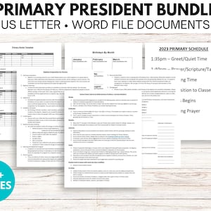 May include: A printable bundle of documents for primary presidents, including a primary roster template, a birthday schedule, and a 2023 primary schedule. The documents are in US letter size and are available in Word format.