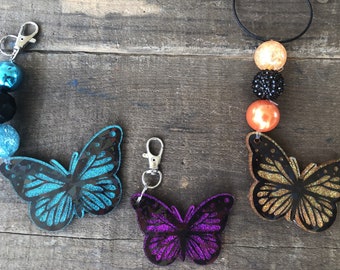 Butterfly Keychain Clip Charm Ring Glitter Acrylic Resin Beaded Monarch