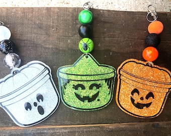 Halloween Boo Bucket Keychain, Glitter Bag Charm, Trick or Treat Gift