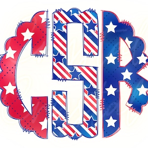 May include: A red, white, and blue monogram with the letters "GJR" in a patriotic style. The letters are outlined in blue and have a stitched look. The background is a red, white, and blue pattern with stars.