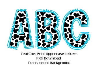 Teal Cow Print Alpha Doodle Letters: PNG Clipart (Digital Download)