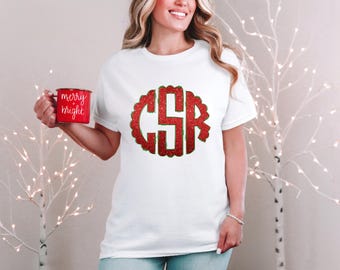 Monogramma natalizio: glitter rosso, bordi smerlati verdi (download digitale)