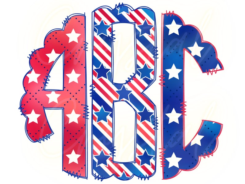K&ouml;nnte beinhalten: Drei Buchstaben, A, B und C, in einem rot-wei&szlig;-blauen patriotischen Design. Die Buchstaben sind in Blau umrandet und haben einen gen&auml;hten Look. Die Buchstaben sind mit einem Muster aus roten und wei&szlig;en Streifen und wei&szlig;en Sternen auf blauem Hintergrund gef&uuml;llt.
