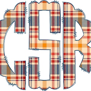 May include: A monogram initial in the shape of a circle with a scalloped edge. The monogram is made up of the letters "LSR" in a plaid pattern with red, orange, yellow, blue, and white colors.
