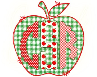 May include: A green and red checkered apple with a white outline and red polka dots. The apple has a green stem and leaves. The apple is decorated with red apples and the letters "A B C" in white.