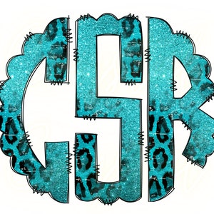 May include: A turquoise blue and black monogram with a glitter effect and a leopard print pattern. The monogram is in a circle with a scalloped edge.