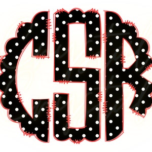 Può includere: Monogramma a pois neri e bianchi con cuciture rosse. Il monogramma ha la forma di un cerchio con un bordo a festoni.