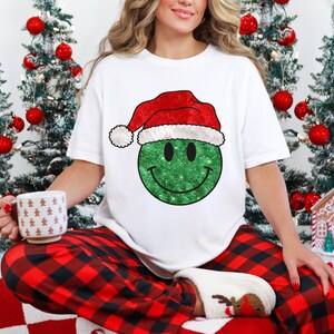 Santa Smiley Face PNG Sparkly Faux Diamond Stud Smiley Christmas Shirt Design