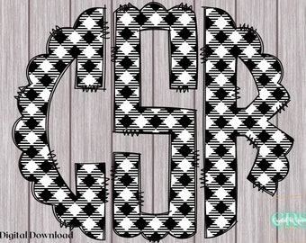 Black and White Buffalo Plaid Custom Monogram PNG | Christmas Single Custom Monogram | Buffalo Plaid Christmas Monogram Digital Download