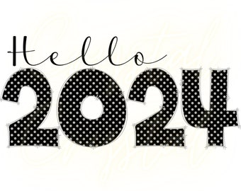 Hallo 2024 PNG | NYE Theme Sublimation Design | Silvester Digital Download | 2024 Schwarz und Silber Polka Dots Design