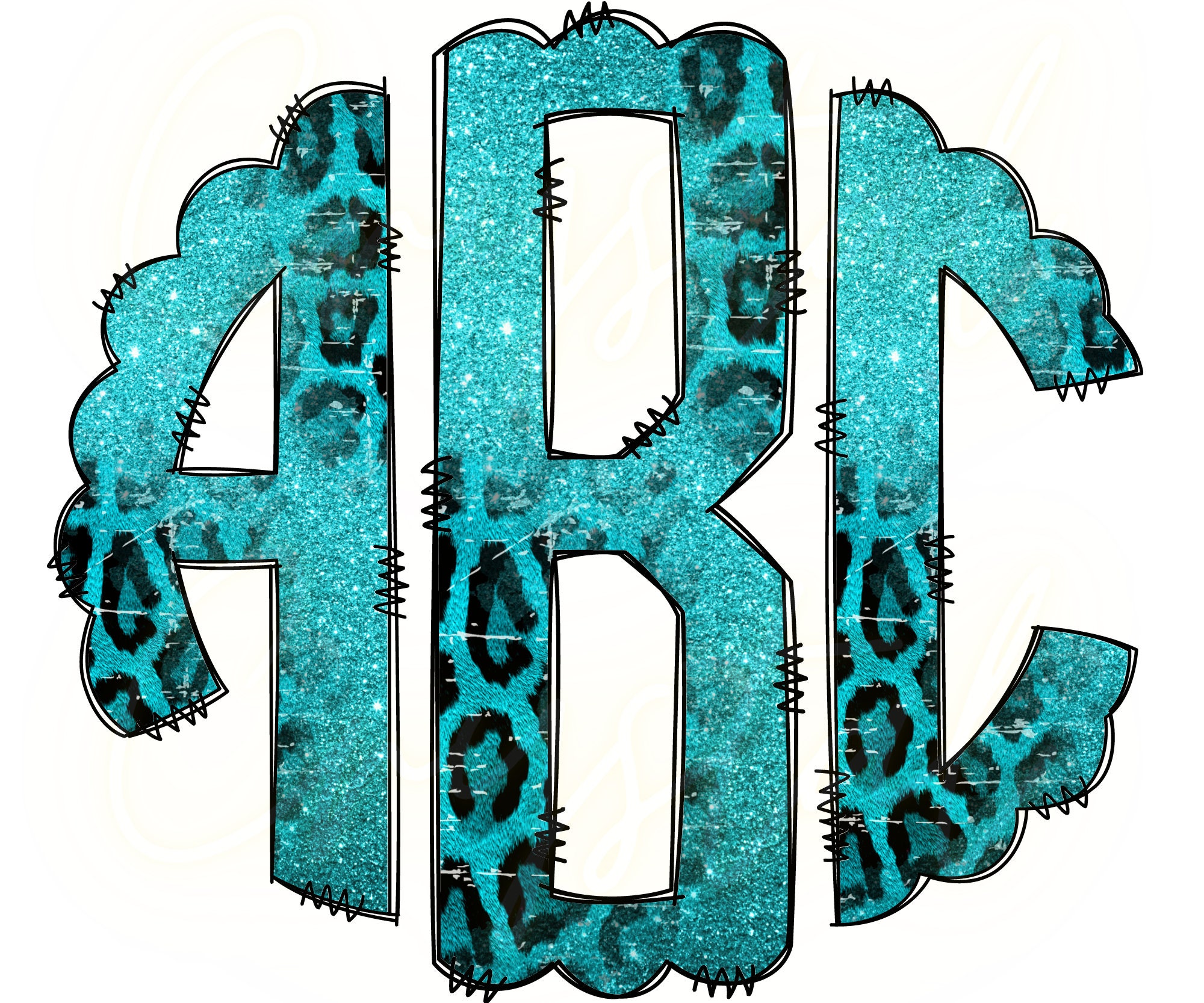 Teal leopard print full alphabet monogram set png file sublimation