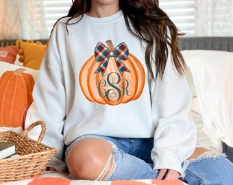 Monogramma personalizzato con fiocco scozzese a forma di zucca autunnale in formato PNG (download digitale)