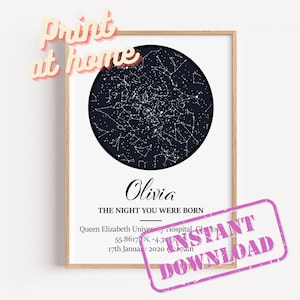 Stampa digitale personalizzata della mappa stellare, poster personalizzato del cielo notturno, arte della costellazione della data di nascita, regalo di carta stellare per compleanno, neonato