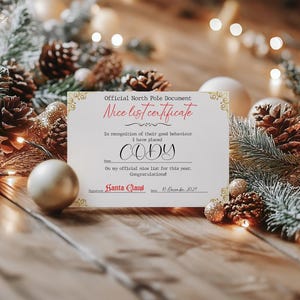 Certificat personnalisé de jolie liste de Noël, bon de Noël, cadeau des fêtes, cadeau de Noël, lettre du père Noël du père Noël