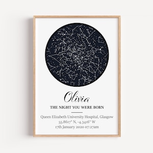 Impression personnalisée de carte des étoiles, affiche personnalisée de ciel nocturne, art de la constellation de la date de naissance, carte du ciel cadeau pour un anniversaire, nouveau-né