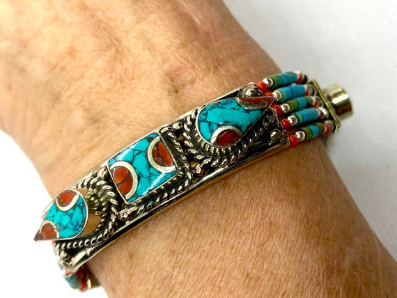 Vintage Tibetan Style Turquoise, Carnelian and Co… - image 1