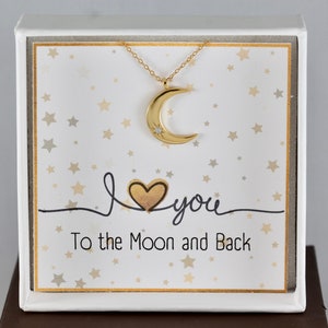 Te amo a la luna y regalo de collar trasero / colgante de luna creciente / chapado en oro plateado / collar minimalista celestial para ella