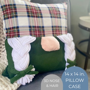 Green Tartan Plaid 3D Gnome Pillow Cover, Gnome Pillow Case, Christmas Gnome, Winter Gnome, Pillow Cover, Girl Gnome, 14x14 throw pillow
