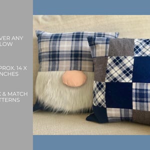 K&ouml;nnte beinhalten: Zwei dekorative Zierkissen. Ein Kissen zeigt ein Zwerg-Design mit kariertem Hut, wei&szlig;em Bart und pfirsichfarbener Nase. Das andere Kissen hat ein Patchwork-Design mit blau-, grau- und wei&szlig; karierten Mustern. Jedes Kissen ist ca. 35,5 x 35,5 cm gro&szlig;.