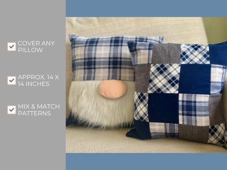 K&ouml;nnte beinhalten: Zwei dekorative Zierkissen. Ein Kissen zeigt ein Zwerg-Design mit kariertem Hut, wei&szlig;em Bart und pfirsichfarbener Nase. Das andere Kissen hat ein Patchwork-Design mit blau-, grau- und wei&szlig; karierten Mustern. Jedes Kissen ist ca. 35,5 x 35,5 cm gro&szlig;.