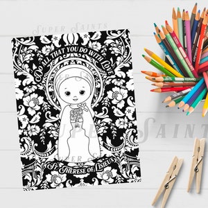 Pagina da colorare di Santa Teresa / Pagina da colorare cattolica per bambini / Il piccolo fiore, con citazione di grande amore / Artigianato cattolico / Vita liturgica