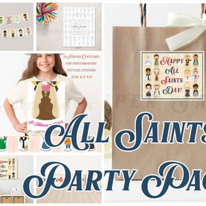 DIGITAL All Saints Party Pack | Paper Costumes, Gift Tags, Coloring Page, Banner, and Happy All Saints Day Sign | Catholic Kid Decorations