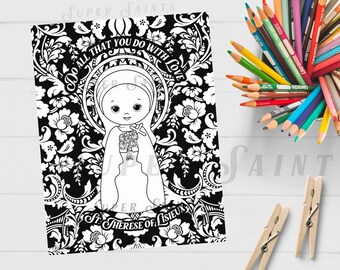 St. Therese Coloring Page | Catholic Coloring Page for Kids | The Little Flower, with great love quote | Catholic Craft | Liturgical Living