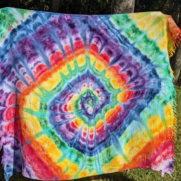 Tie Dye Throw Blanket - Hand Dyed Muslin Throw Blanket-100% Cotton Rainbow Swirl