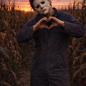 Puede incluir: Una persona con una máscara de Michael Myers y un mono azul oscuro, formando un corazón con las manos. El fondo presenta un campo de maíz y una puesta de sol.