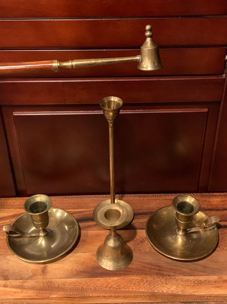 Vintage Brass Candle Holders, Bell & Wood Handle Snuffer Set Etsy