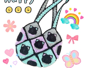 Crochet Cat Bag Digital Pattern,  Crochet Cat Granny Square Pattern