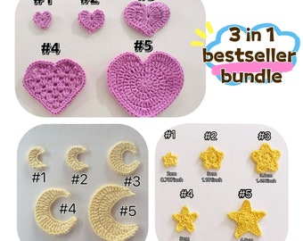 Crochet heart, star, moon digital pattern bundle
