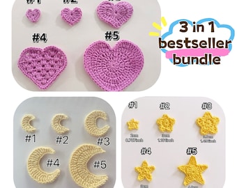 Crochet heart, star, moon digital pattern bundle